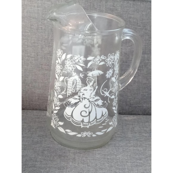 Vtg Southern Bell Pitcher White Etched Heavy Glass Elegant Lady w/ Umbrella (su1 - Picture 1 of 5